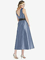 Rear View Thumbnail - Larkspur Blue & Pewter High-Neck Asymmetrical Shirred Satin Midi Dress with Pockets