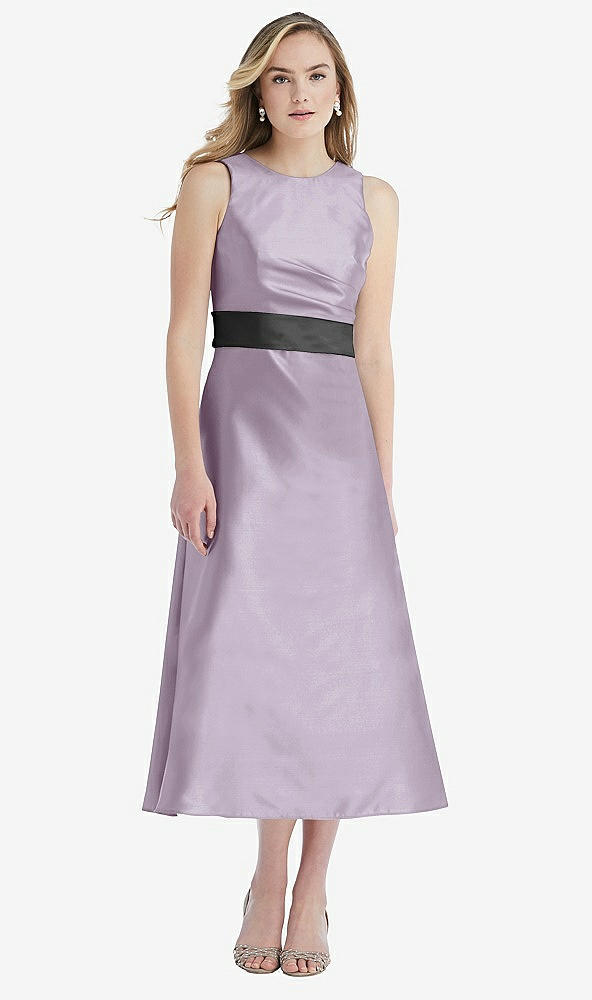 Front View - Lilac Haze & Pewter High-Neck Asymmetrical Shirred Satin Midi Dress with Pockets