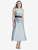 Front View Thumbnail - Mist & Pewter High-Neck Asymmetrical Shirred Satin Midi Dress with Pockets