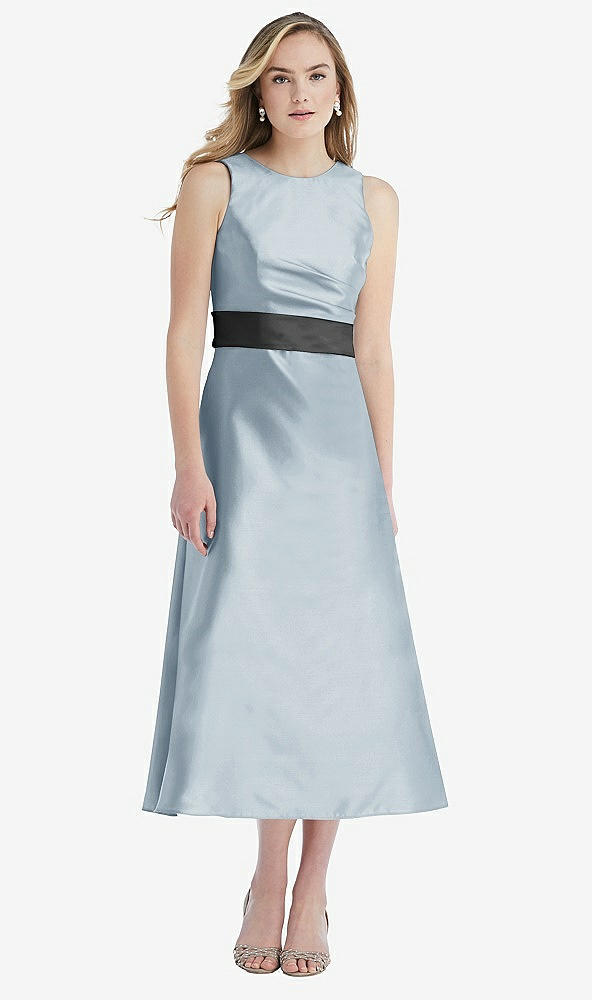 Front View - Mist & Pewter High-Neck Asymmetrical Shirred Satin Midi Dress with Pockets