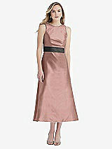 Front View Thumbnail - Neu Nude & Pewter High-Neck Asymmetrical Shirred Satin Midi Dress with Pockets