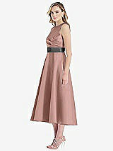 Side View Thumbnail - Neu Nude & Pewter High-Neck Asymmetrical Shirred Satin Midi Dress with Pockets