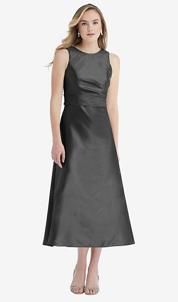 Front View - Pewter & Pewter High-Neck Asymmetrical Shirred Satin Midi Dress with Pockets