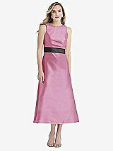 Front View Thumbnail - Powder Pink & Pewter High-Neck Asymmetrical Shirred Satin Midi Dress with Pockets