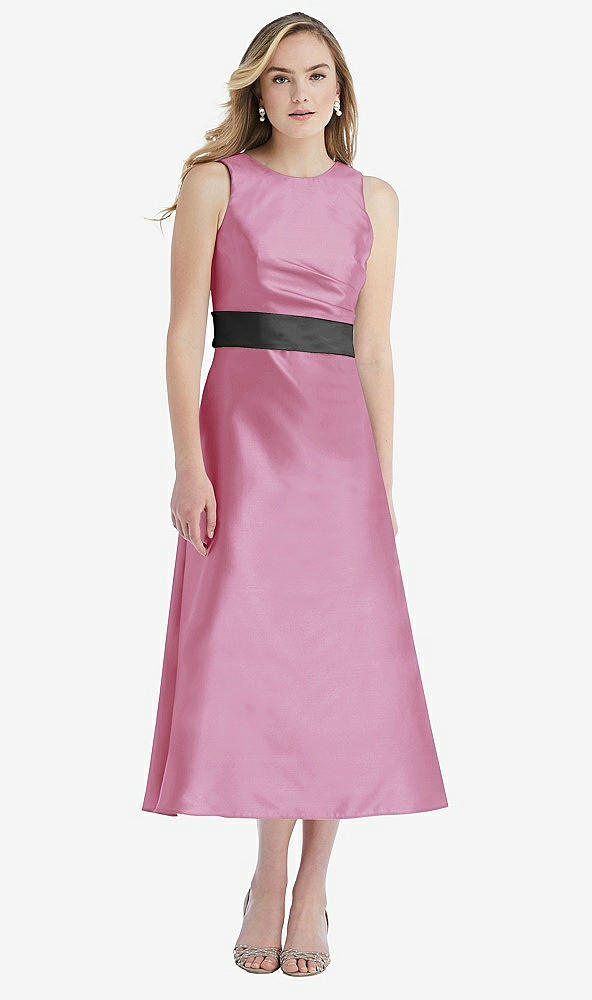 Front View - Powder Pink & Pewter High-Neck Asymmetrical Shirred Satin Midi Dress with Pockets