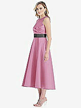 Side View Thumbnail - Powder Pink & Pewter High-Neck Asymmetrical Shirred Satin Midi Dress with Pockets