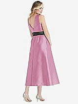 Rear View Thumbnail - Powder Pink & Pewter High-Neck Asymmetrical Shirred Satin Midi Dress with Pockets