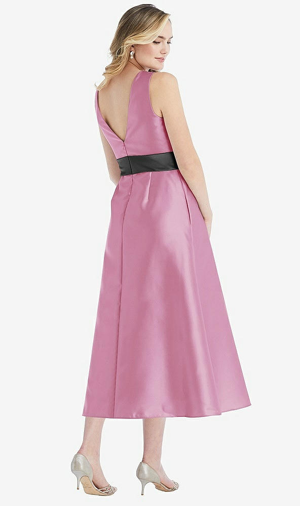 Back View - Powder Pink & Pewter High-Neck Asymmetrical Shirred Satin Midi Dress with Pockets