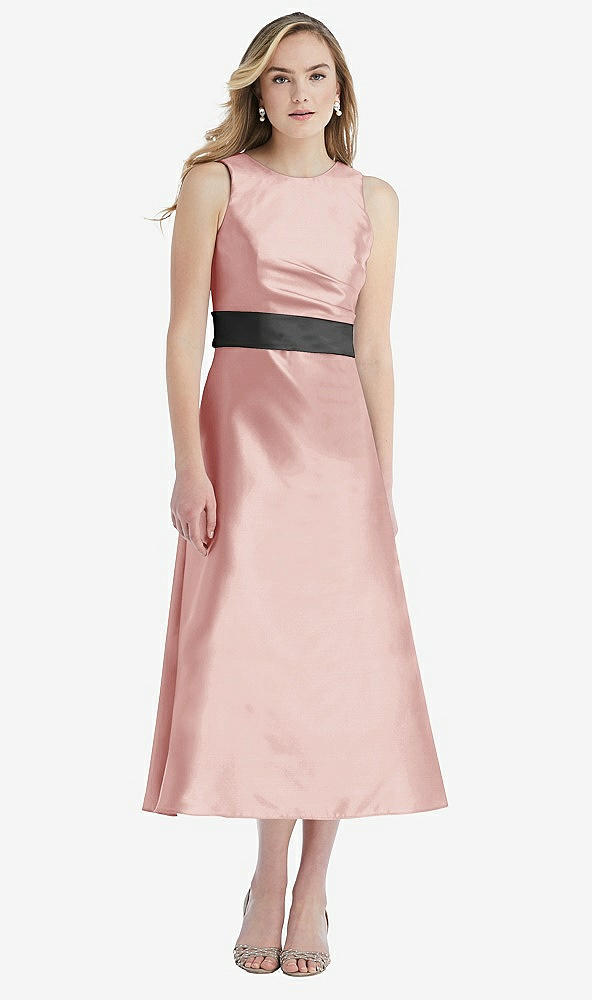 Front View - Rose & Pewter High-Neck Asymmetrical Shirred Satin Midi Dress with Pockets