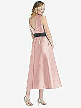 Rear View Thumbnail - Rose & Pewter High-Neck Asymmetrical Shirred Satin Midi Dress with Pockets