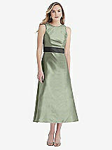 Front View Thumbnail - Sage & Pewter High-Neck Asymmetrical Shirred Satin Midi Dress with Pockets