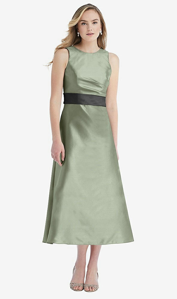 Front View - Sage & Pewter High-Neck Asymmetrical Shirred Satin Midi Dress with Pockets