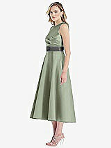 Side View Thumbnail - Sage & Pewter High-Neck Asymmetrical Shirred Satin Midi Dress with Pockets