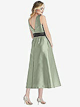 Rear View Thumbnail - Sage & Pewter High-Neck Asymmetrical Shirred Satin Midi Dress with Pockets