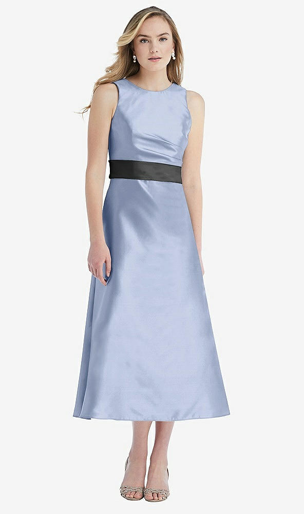 Front View - Sky Blue & Pewter High-Neck Asymmetrical Shirred Satin Midi Dress with Pockets