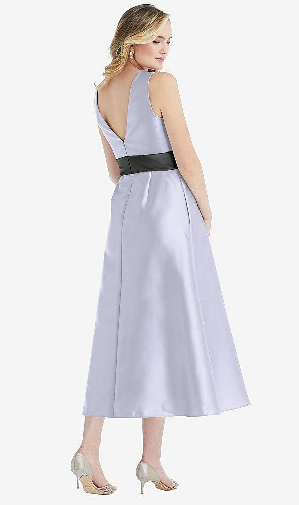 Back View - Silver Dove & Pewter High-Neck Asymmetrical Shirred Satin Midi Dress with Pockets
