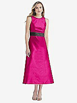 Front View Thumbnail - Think Pink & Pewter High-Neck Asymmetrical Shirred Satin Midi Dress with Pockets