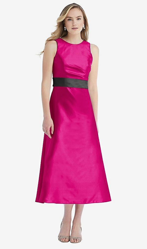 Front View - Think Pink & Pewter High-Neck Asymmetrical Shirred Satin Midi Dress with Pockets