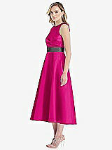 Side View Thumbnail - Think Pink & Pewter High-Neck Asymmetrical Shirred Satin Midi Dress with Pockets