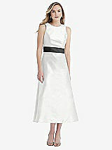 Front View Thumbnail - White & Pewter High-Neck Asymmetrical Shirred Satin Midi Dress with Pockets