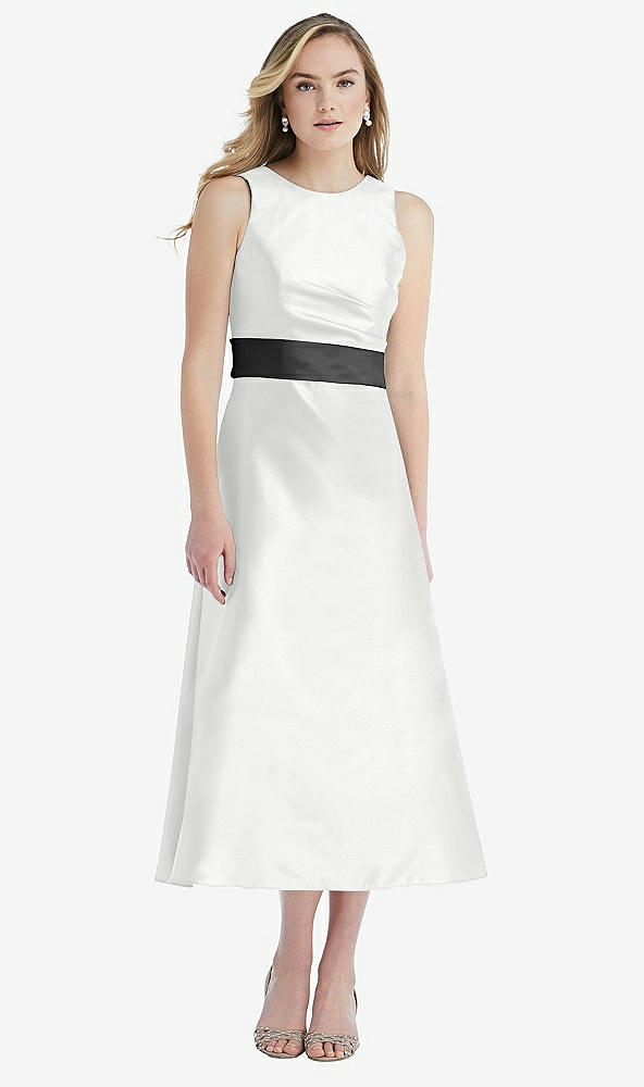 Front View - White & Pewter High-Neck Asymmetrical Shirred Satin Midi Dress with Pockets