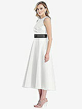 Side View Thumbnail - White & Pewter High-Neck Asymmetrical Shirred Satin Midi Dress with Pockets