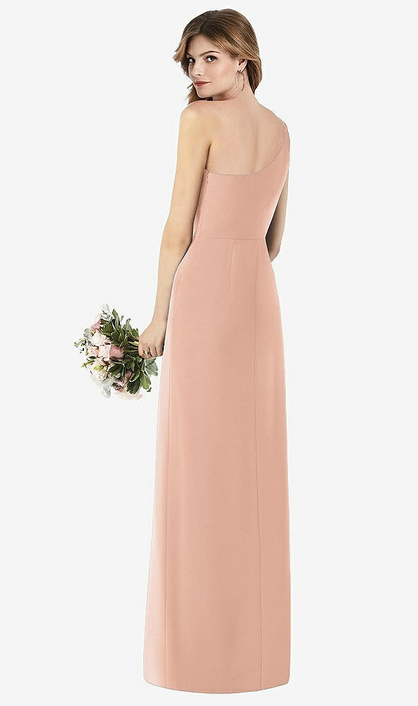 Back View - Pale Peach One-Shoulder Crepe Trumpet Gown with Front Slit