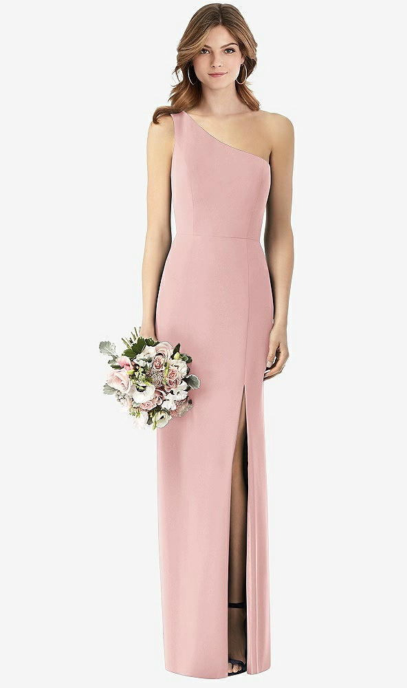 Front View - Rose One-Shoulder Crepe Trumpet Gown with Front Slit