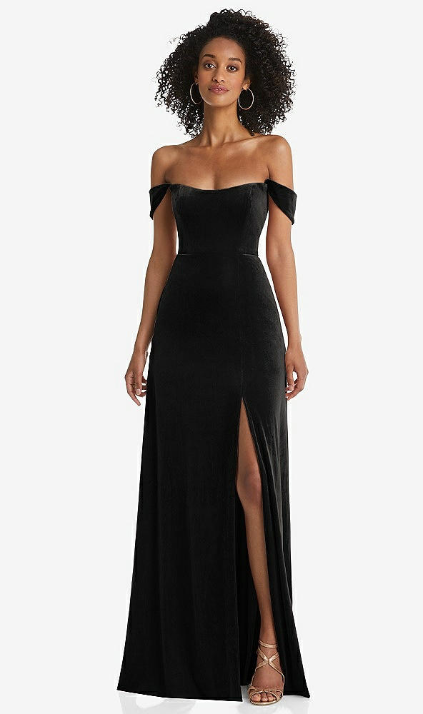 Front View - Black Off-the-Shoulder Flounce Sleeve Velvet Maxi Dress