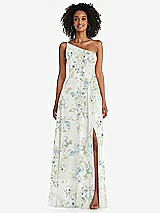 Front View Thumbnail - Bleu Garden One-Shoulder Chiffon Maxi Dress with Shirred Front Slit