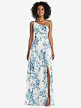 Front View Thumbnail - Cottage Rose Dusk Blue One-Shoulder Chiffon Maxi Dress with Shirred Front Slit