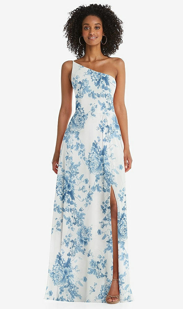 Front View - Cottage Rose Dusk Blue One-Shoulder Chiffon Maxi Dress with Shirred Front Slit