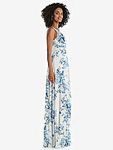 Side View Thumbnail - Cottage Rose Dusk Blue One-Shoulder Chiffon Maxi Dress with Shirred Front Slit