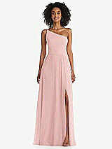 Front View Thumbnail - Rose One-Shoulder Chiffon Maxi Dress with Shirred Front Slit