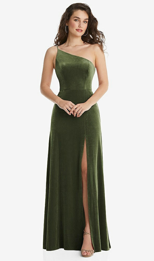 Front View - Olive Green One-Shoulder Spaghetti Strap Velvet Maxi Dress with Pockets