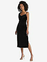 Front View Thumbnail - Black Asymmetrical One-Shoulder Velvet Midi Slip Dress