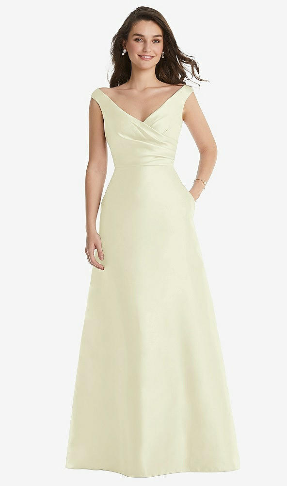 Front View - Butter Yellow Off-the-Shoulder Draped Wrap Maxi Dress with Pockets