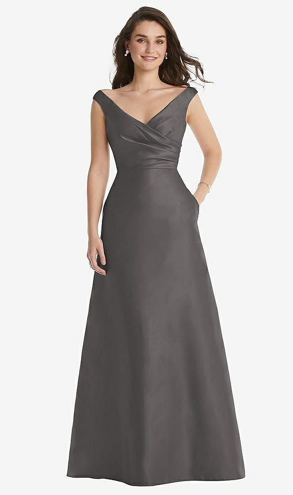 Front View - Caviar Gray Off-the-Shoulder Draped Wrap Maxi Dress with Pockets
