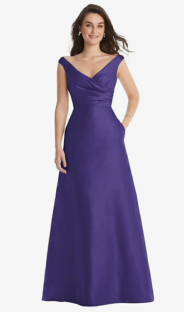 Front View - Grape Off-the-Shoulder Draped Wrap Maxi Dress with Pockets