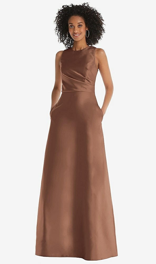 Front View - Cognac Jewel Neck Asymmetrical Shirred Bodice Maxi Dress with Pockets
