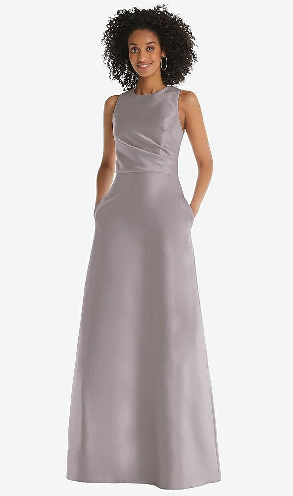 Front View - Cashmere Gray Jewel Neck Asymmetrical Shirred Bodice Maxi Dress with Pockets