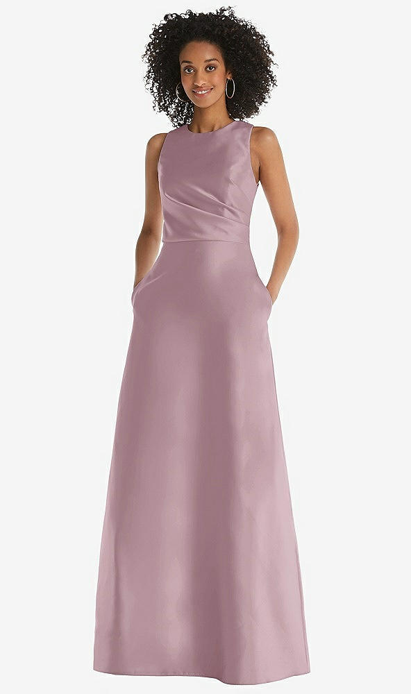 Front View - Dusty Rose Jewel Neck Asymmetrical Shirred Bodice Maxi Dress with Pockets