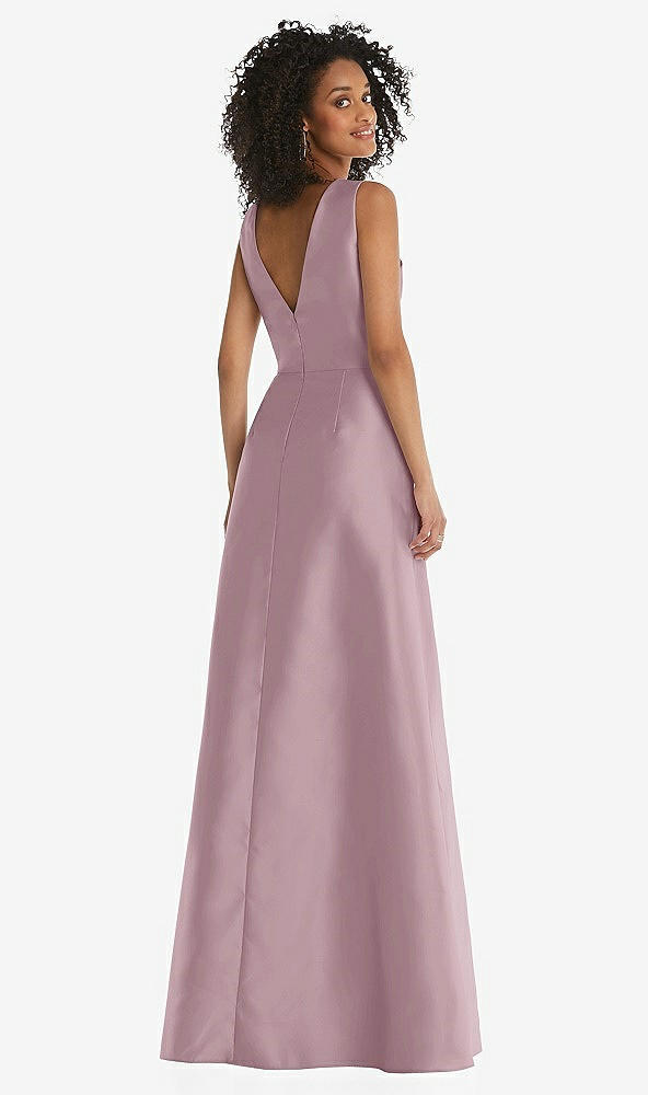Back View - Dusty Rose Jewel Neck Asymmetrical Shirred Bodice Maxi Dress with Pockets