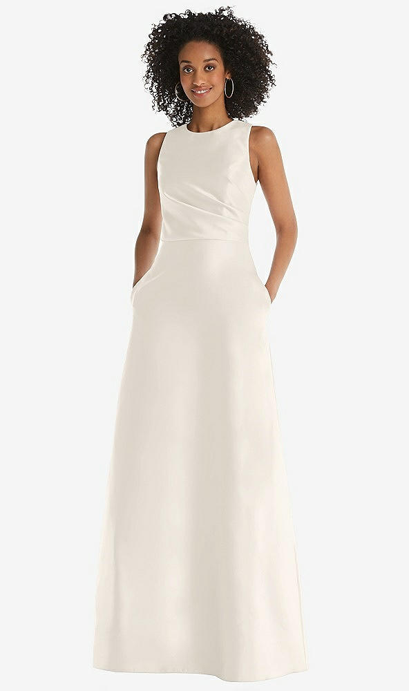 Front View - Ivory Jewel Neck Asymmetrical Shirred Bodice Maxi Dress with Pockets