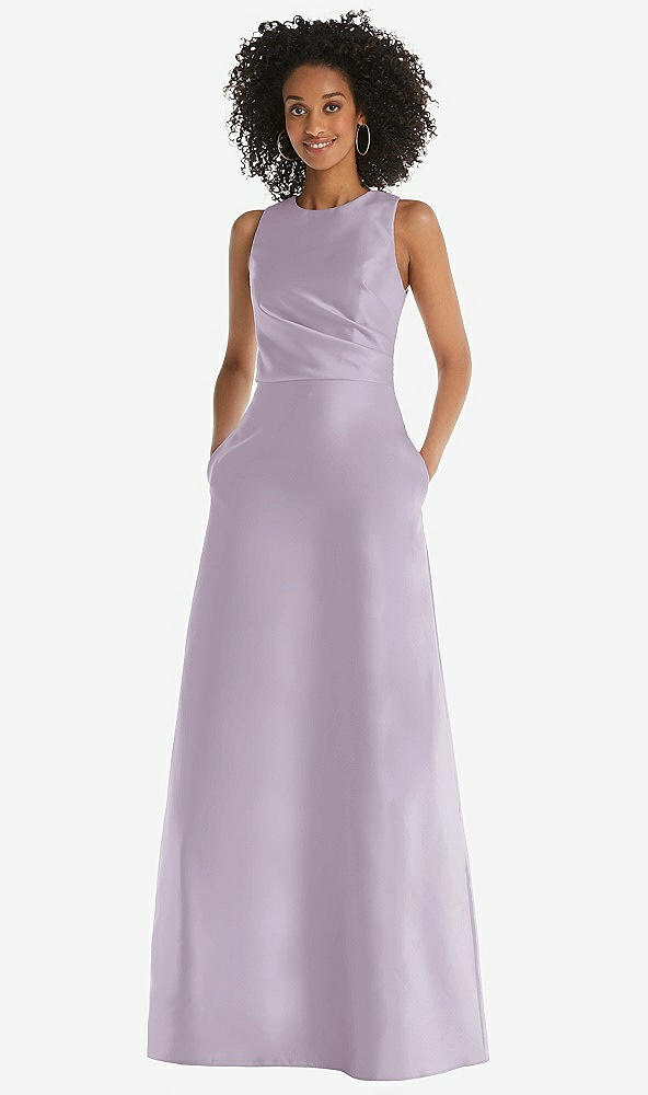 Front View - Lilac Haze Jewel Neck Asymmetrical Shirred Bodice Maxi Dress with Pockets