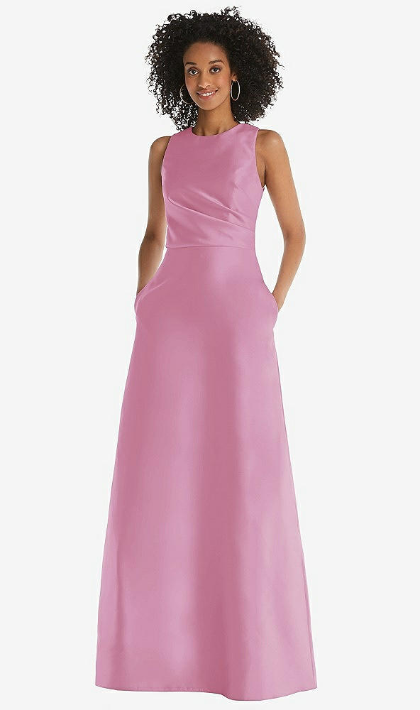 Front View - Powder Pink Jewel Neck Asymmetrical Shirred Bodice Maxi Dress with Pockets