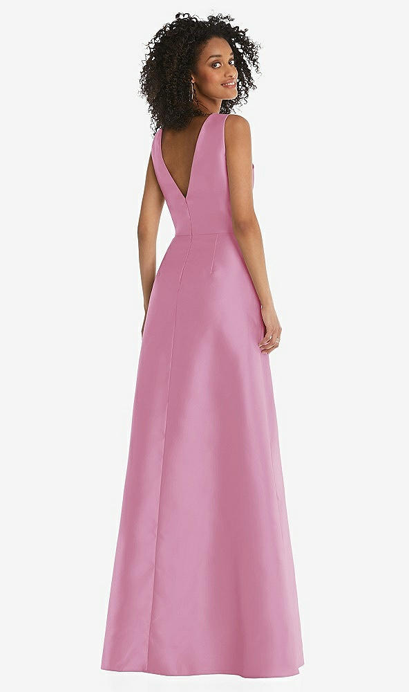 Back View - Powder Pink Jewel Neck Asymmetrical Shirred Bodice Maxi Dress with Pockets