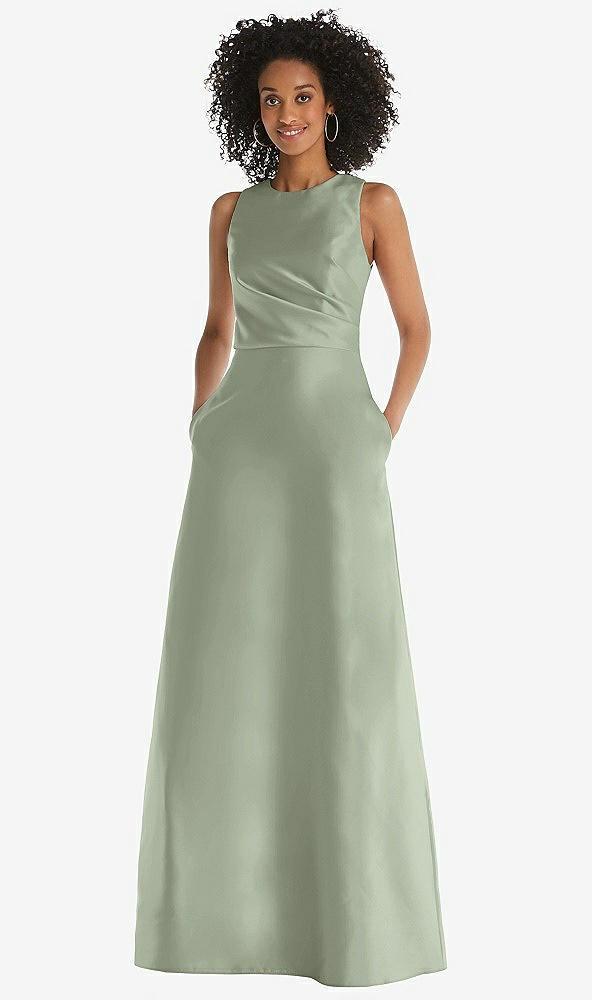 Front View - Sage Jewel Neck Asymmetrical Shirred Bodice Maxi Dress with Pockets