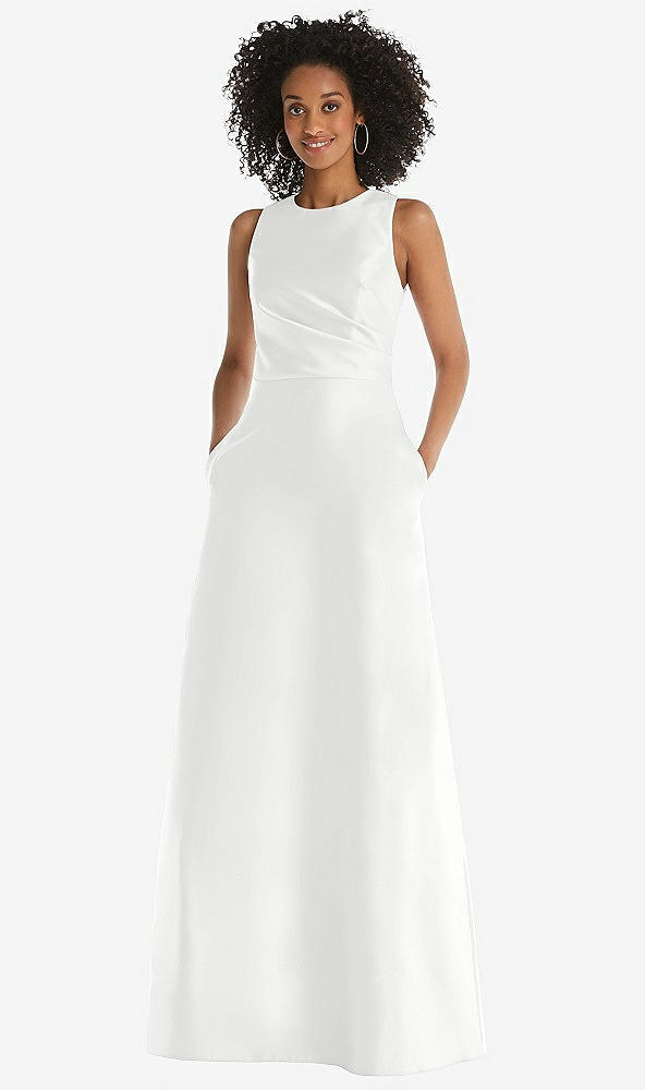 Front View - White Jewel Neck Asymmetrical Shirred Bodice Maxi Dress with Pockets