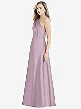 Side View Thumbnail - Suede Rose Pleated Draped One-Shoulder Satin Maxi Dress with Pockets